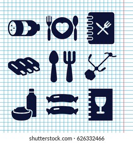 Set of 9 fork filled icons such as sausage, fork and spoon, drink and food, gardening tool, plate with spoon and fork