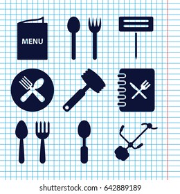 Set of 9 fork filled icons such as spoon and fork, spoon, gardening tool, menu, knife