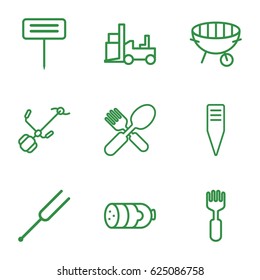 set of 9 fork outline icons such as sausage, forklift, gardening tool, tonometer