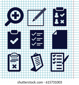 Set of 9 form filled icons such as clipboard, check list, paper and pen, zoom in, checklist