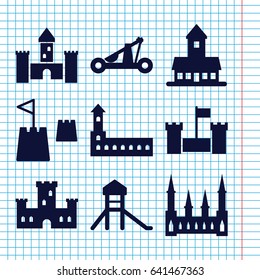 Set of 9 fort filled icons such as castle, castle tower