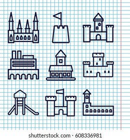 Set of 9 fortress outline icons such as castle