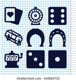 Set of 9 fortune filled icons such as slot machine, horseshoe, dice, roulette, lottery, spades
