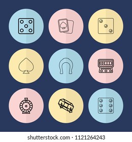 Set of 9 fortune outline icons such as dice, roulette, lottery, slot machine, spades