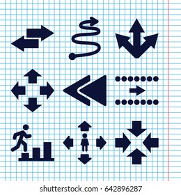 Set of 9 forward filled icons such as man move, play back, curved arrow, arrow, man going up