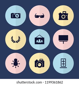 Set of 9 frame filled icons such as board, camera, camera bulb, photo, olive wreath, door