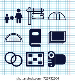 Set of 9 frame filled and outline icons such as photos, son and father, camera, camera lense, photo album, photo, barn, direction board