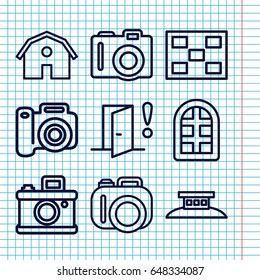 Set of 9 frame outline icons such as camera, window, barn, photo, door warning