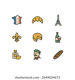 Set of 9 France icons, flag and national symbols. Simple cartoon style illustration.