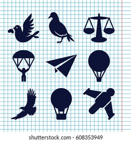Set of 9 freedom filled icons such as dove, eagle, love bird, air balloon, man with parachute, paper plane, hang glider