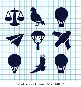 Set of 9 freedom filled icons such as dove, eagle, air balloon, man with parachute, paper plane, hang glider