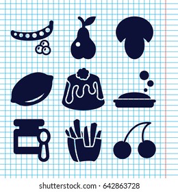 Set of 9 fresh filled icons such as mushroom, peas, lemon, baby food, cherry, soap, french fries, pie