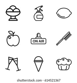 Set of 9 fresh outline icons such as spray bottle, toothbrush, ice cream, lemon, open air, wine glass, pie