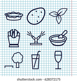 Set of 9 fresh outline icons such as potato, porridge, french fries, pie, leaf, wine glass, watering system, tree and bench