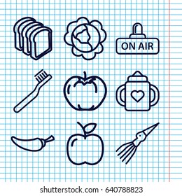 Set of 9 fresh outline icons such as cabbage, apple, baby bottle, toothbrush, pepper, bread slices, open air