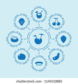 Set of 9 freshness filled icons such as berry, cherry, eggplant, tomato, strawberry, soap, hot dog, coconut cocktail