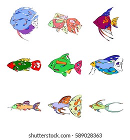 Set of 9 freshwater aquarium fish on white background in loop line style