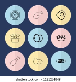 Set of 9 fried outline icons such as egg, chicken leg, fried egg and bacon