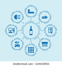 Set of 9 front filled icons such as car repair, hight beem light, computer, ruler, metal fence, window, wine bottle, jet ski