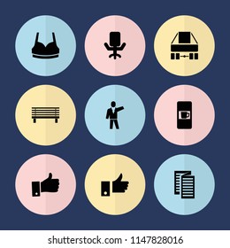 Set of 9 front filled icons such as vending machine, sport bra, thumb up, office chair, businessman, news, bench