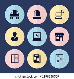 Set Of 9 Front Filled Icons Such As Laptop, Shop, Businessman, Newspaper, Cargo Plane Back View, Opened Door