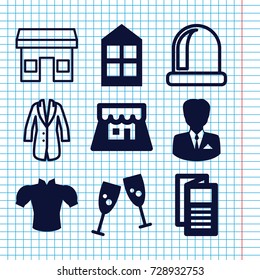 Set of 9 front filled and outline icons such as window, blouse, news, shop, businessman, jacket, store, glasses clink