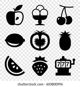 Set of 9 fruit filled icons such as strawberry, cherry, Slot machine, apple, lemon, tomato, ice cream, watermelon