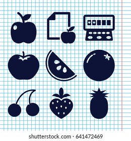 Set of 9 fruit filled icons such as orange, apple, cherry, slot machine, paper and apple, strawberry, watermelon
