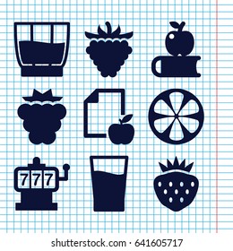 Set of 9 fruit filled icons such as mulberry, slot machine, strawberry, raspberry, paper and apple, lemon, drink