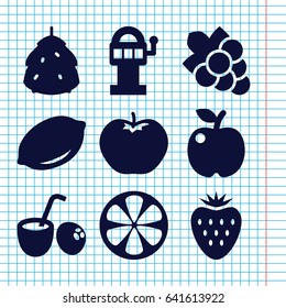 Set of 9 fruit filled icons such as berry, apple, lemon, grape, drink coconut, strawberry