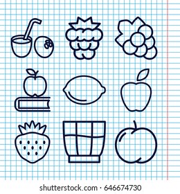 Set of 9 fruit outline icons such as apple, mulberry, grape, strawberry, lemon, drink, drink coconut