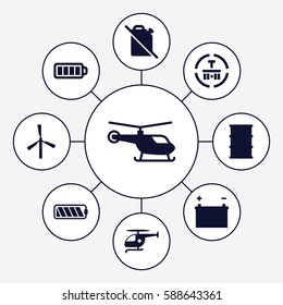 Set of 9 fuel filled icons such as mill, helicopter, barrel, cargo terminal, baterry, medical helicopter, battery
