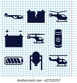Set of 9 fuel filled icons such as tank, helicopter, battery
