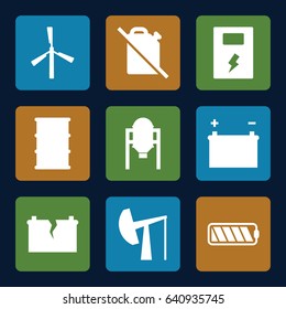 Set of 9 fuel filled icons such as tank, mill, barrel, battery, broken battery, oil derrick