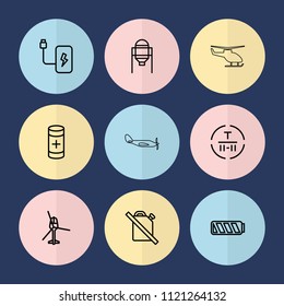 Set of 9 fuel outline icons such as tank, no oil, cargo terminal, battery