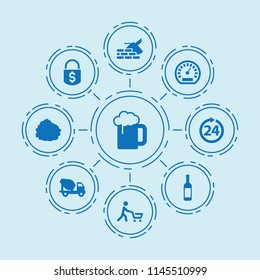 Set of 9 full filled icons such as speedometer, garbage stock, money lock, construction garbage, concrete mixer truck, 24 hours, man with shopping cart, beer