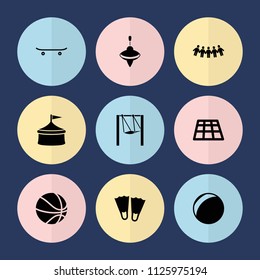 Set of 9 fun filled icons such as flippers, dance floor, circus, plastic ball, skateboard, whirligig, children, swing