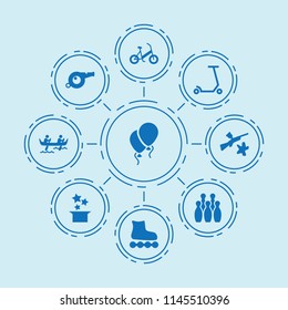 Set of 9 fun filled icons such as magic hat, bowling, paintball, kick scooter, baloon, whistle, kayak, bicycle
