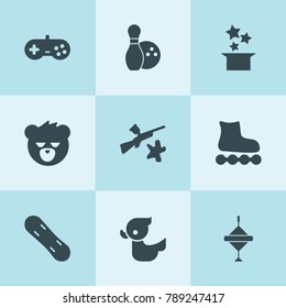 Set of 9 fun filled icons such as magic hat, joystick, paintball, duck, spinning top, bear, bowling, skate