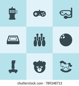 Set of 9 fun filled icons such as swimming pool, bowling, slot machine, joystick, diving mask, horse toy