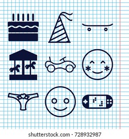 Set of 9 fun filled and outline icons such as cake, skateboard, portable game console, bike, panties with heart, party hat, smiling emot, blush