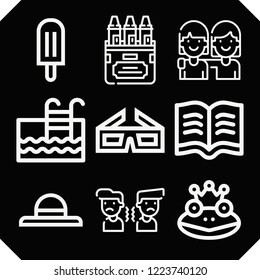 Set of 9 fun outline icons such as crayons, frog prince, ice cream, read, mad, swimming pool, hat, friendship
