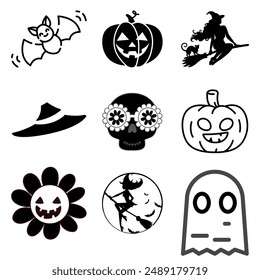 Set of 9 fun and spooky Halloween vector icons featuring a bat, pumpkin, witch, skull, and more. Perfect for Halloween decorations, invitations, and seasonal designs.
