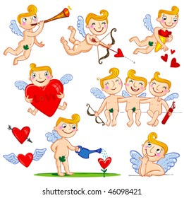 Set of 9 funny cartoon cupids, vector illustration.
