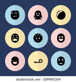Set of 9 funny filled icons such as sweating emot, plastic ball, party pipe, crazy emot, laughing emot, ghost, dollar smiley, crying emoji