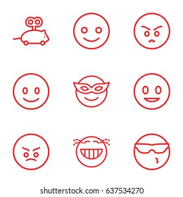 set of 9 funny outline icons such as mouse toy, smiling emot, emoji in mask