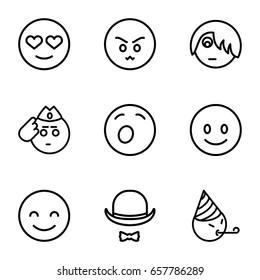set of 9 funny outline icons such as hat and moustache, smiling emot