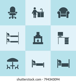 Set of 9 furniture filled icons such as armchair, kitchen wash, chair, office desk, fireplace, bed, bunk bed