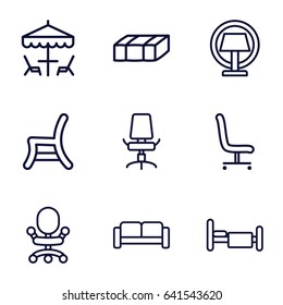 Set Of 9 Furniture Outline Icons Such As Sofa, Garden Bench, Outdoor Chair, Bed, Office Chair, Table Lamp