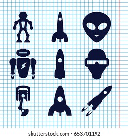 Set of 9 futuristic filled icons such as rocket, alien head, robot arm, man in smart glasses